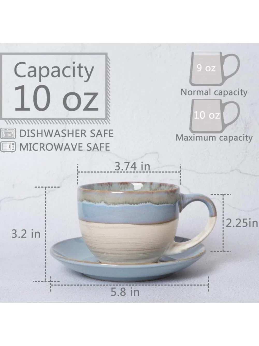 Ceramic Cappuccino Cup & Saucer Set of 2, 10 Oz - Coffee, Latte, Espresso, Tea